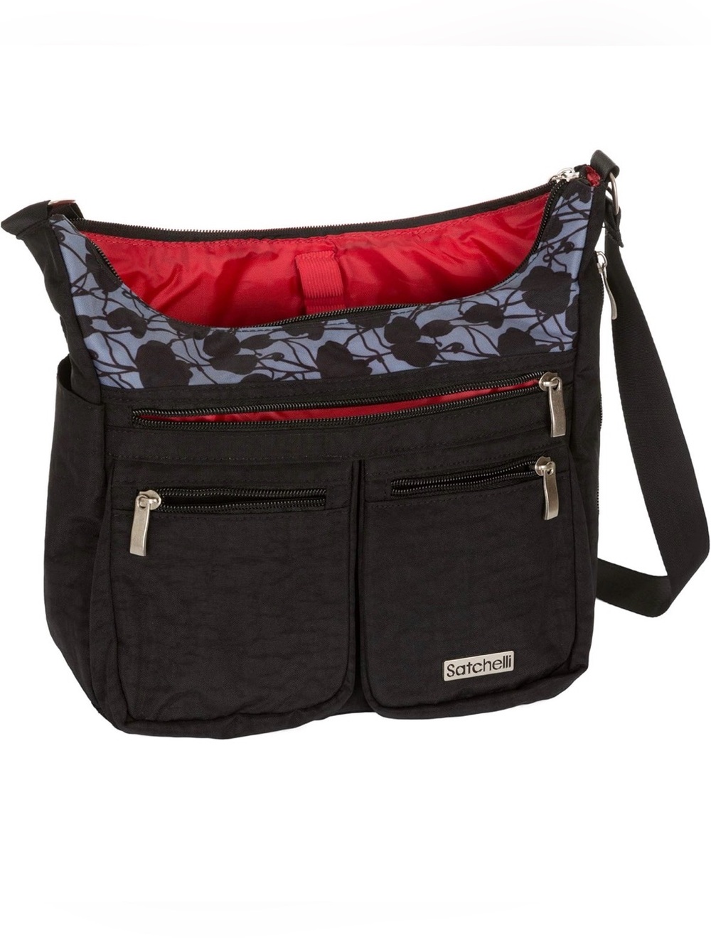 Satchelli Black Crossbody Bag with Floral Accent and Red Lining